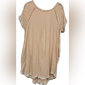 Umgee Striped White and Tan Dress with Fringe Linen Cotton Pockets Size Large